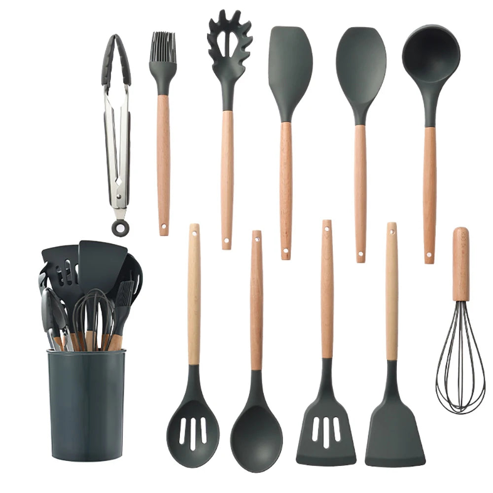 Feature Silicone Kitchen Utensil Set With Wooden Handles