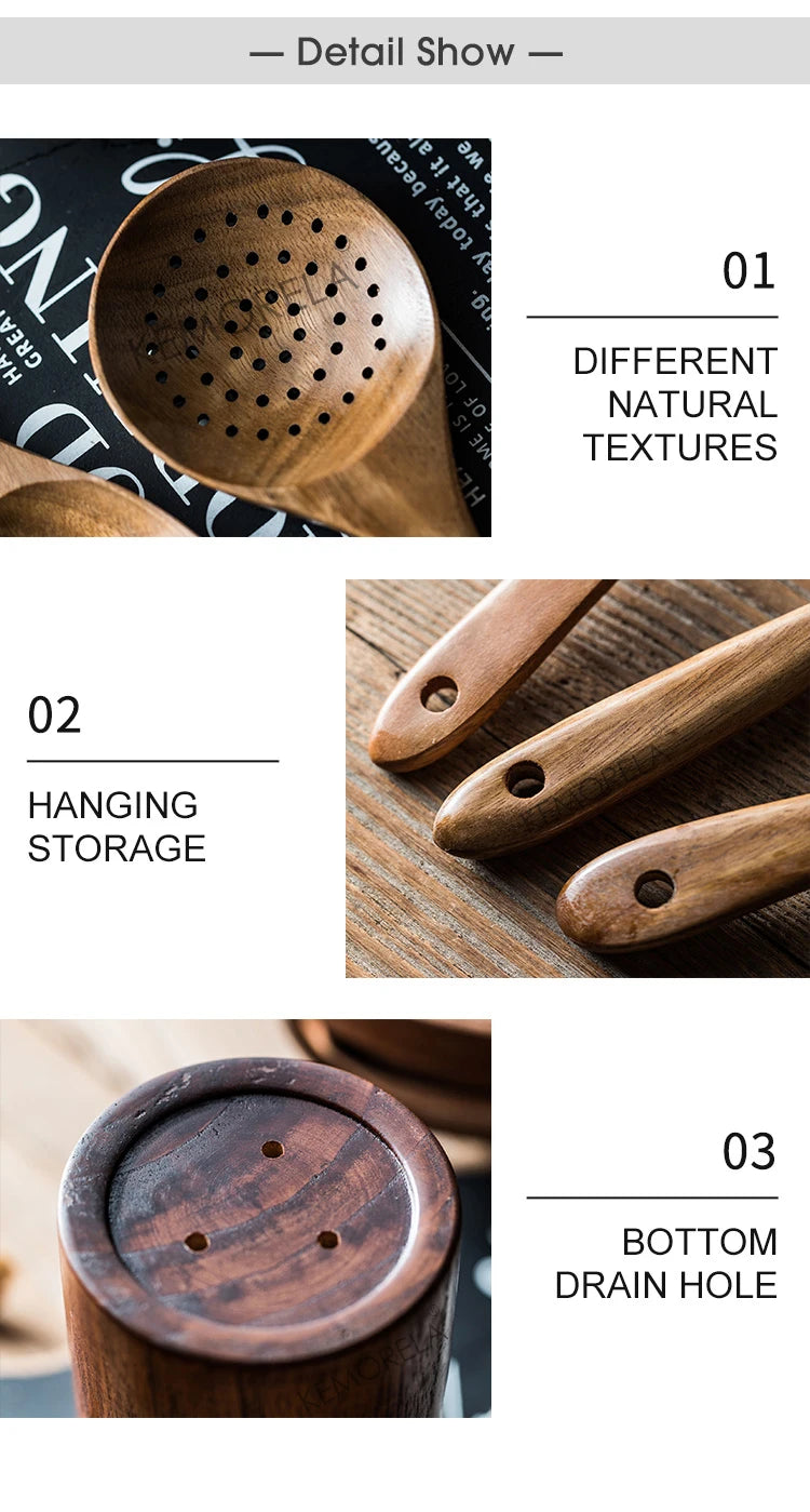 Teak Wood Kitchen Utensil Set With Holder 9 Piece Spoons