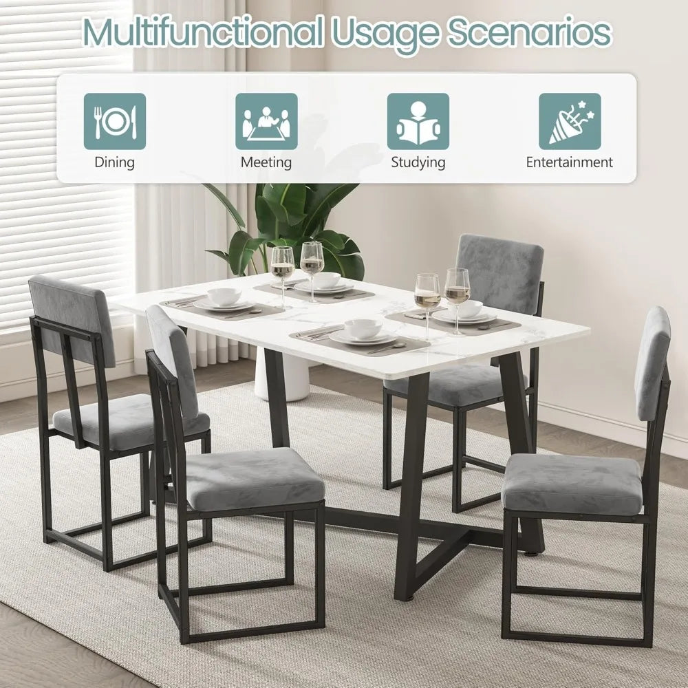 MKDK Faux Marble Dining Set For Four With Velvet Chairs