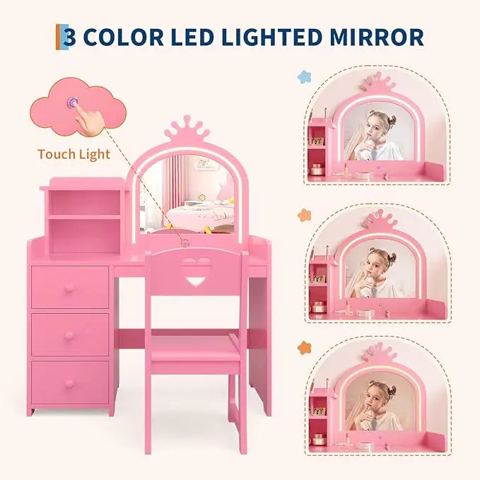 HiMISS Kids Vanity With Lights 2 In 1 Princess Desk