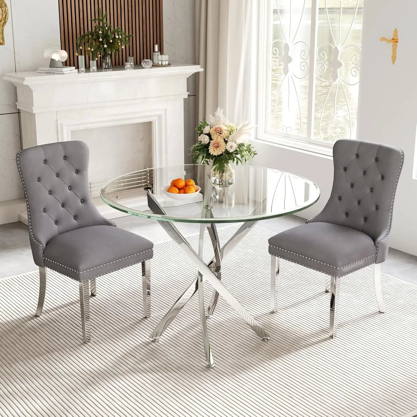 ANGDUO Modern Square Glass Dining Table Set With Velvet Chairs