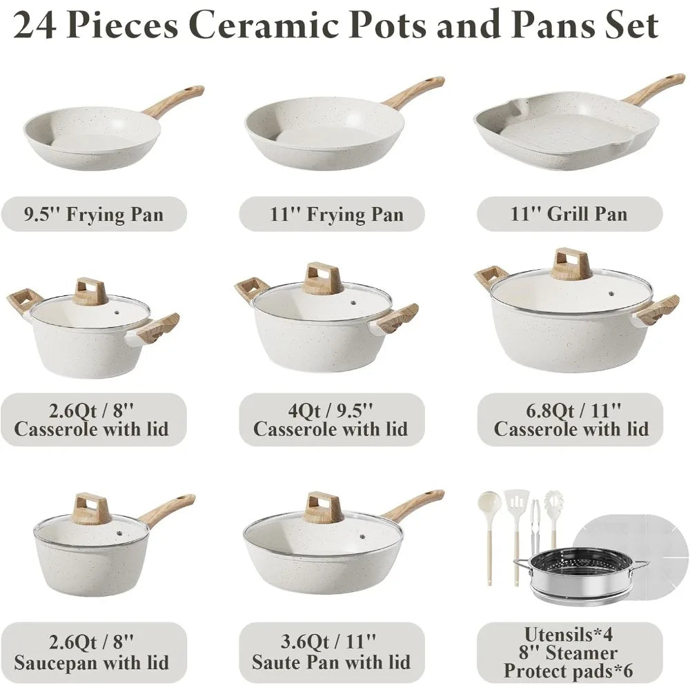 Iosn 24 Pcs Pots And Pans Set Nonstick Ceramic Cookware