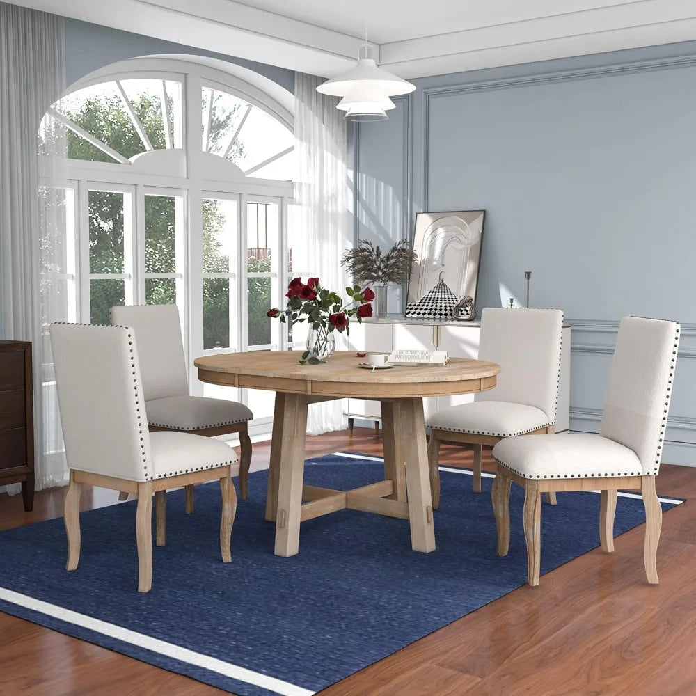 MKDK PremiumElegance Farmhouse Extendable Round Dining Table With Upholstered Chairs