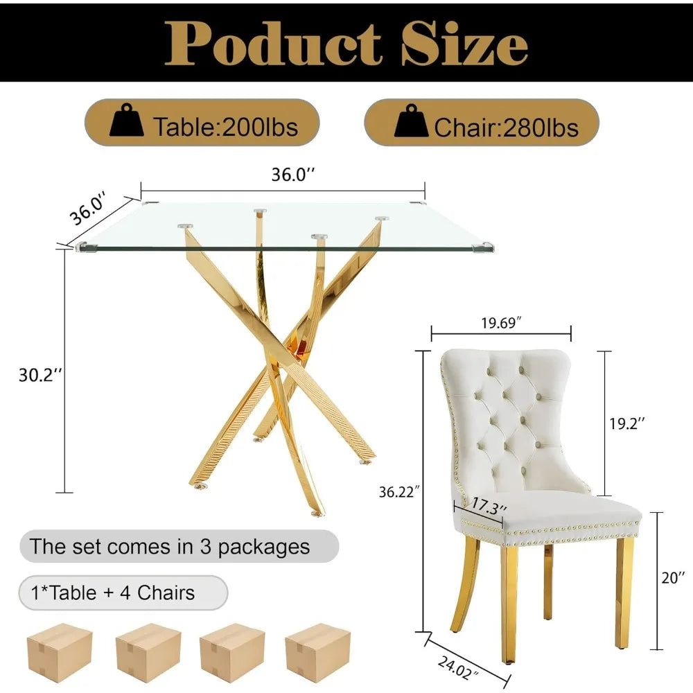 ANGDUO Modern Square Glass Dining Table Set With Velvet Chairs