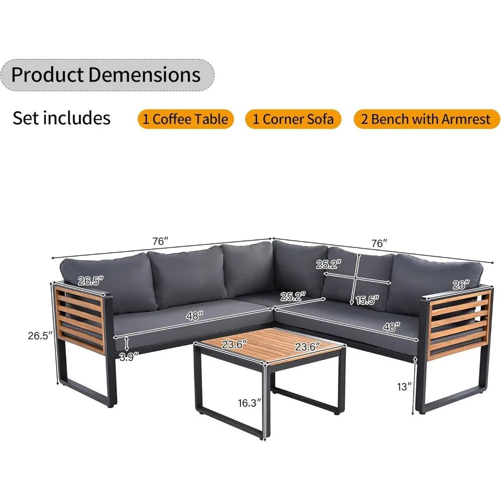 Ticify Modern L Shaped Acacia Wood Sofa Set Coffee Table