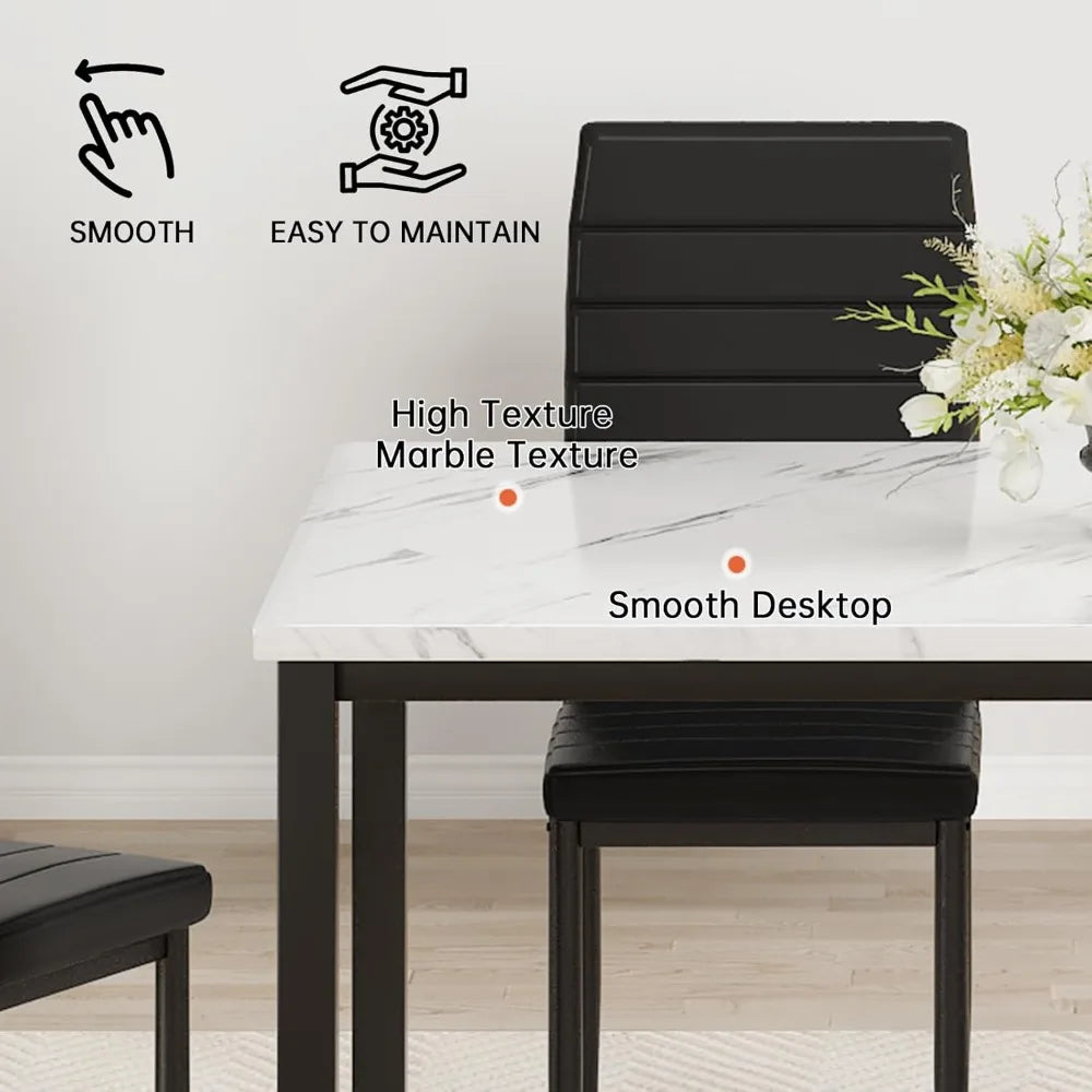 MKDK Five Piece Dining Table Set Faux Marble Upholstered Chairs