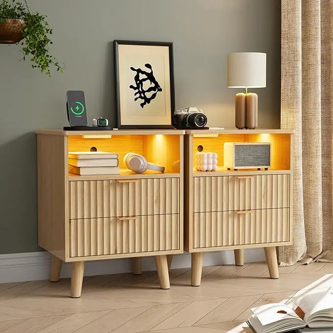 CHENGWEI Fluted Nightstand With Charging Station And Two Drawers
