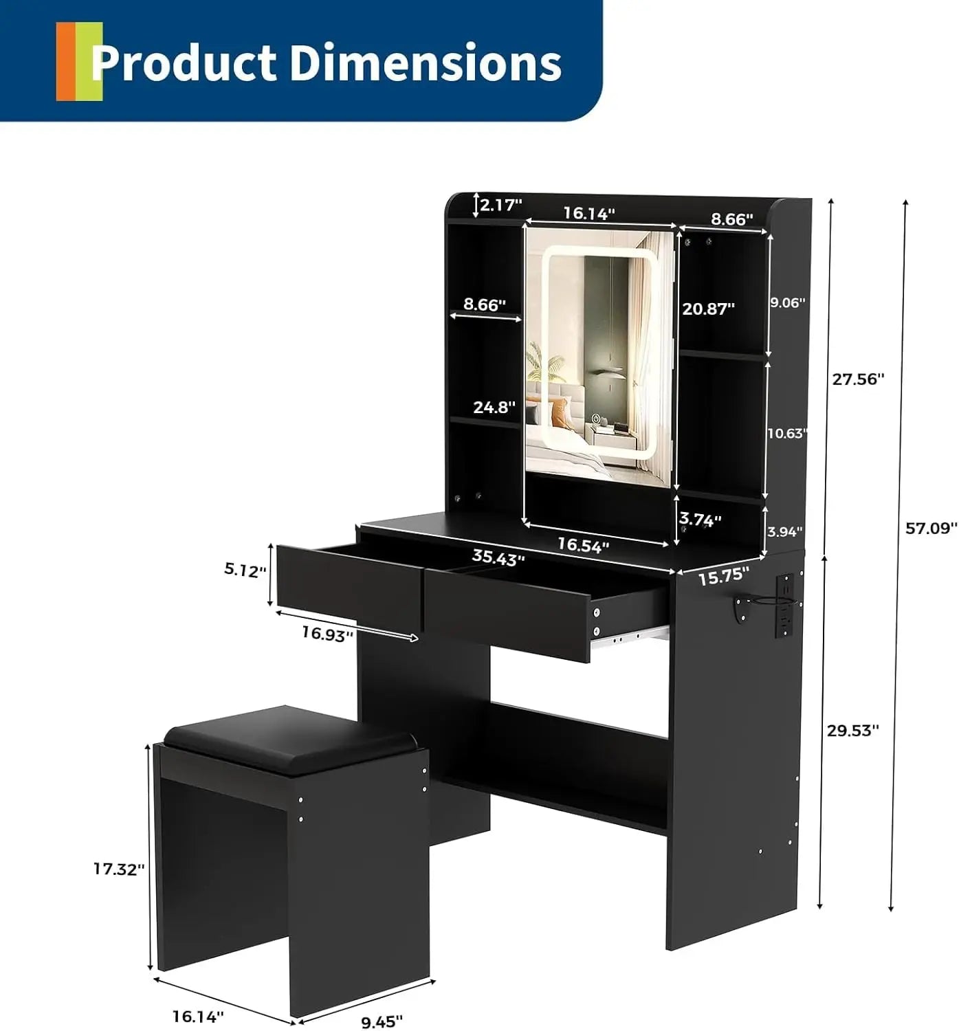 HiMISS Vanity Desk With Mirror And Adjustable Lights
