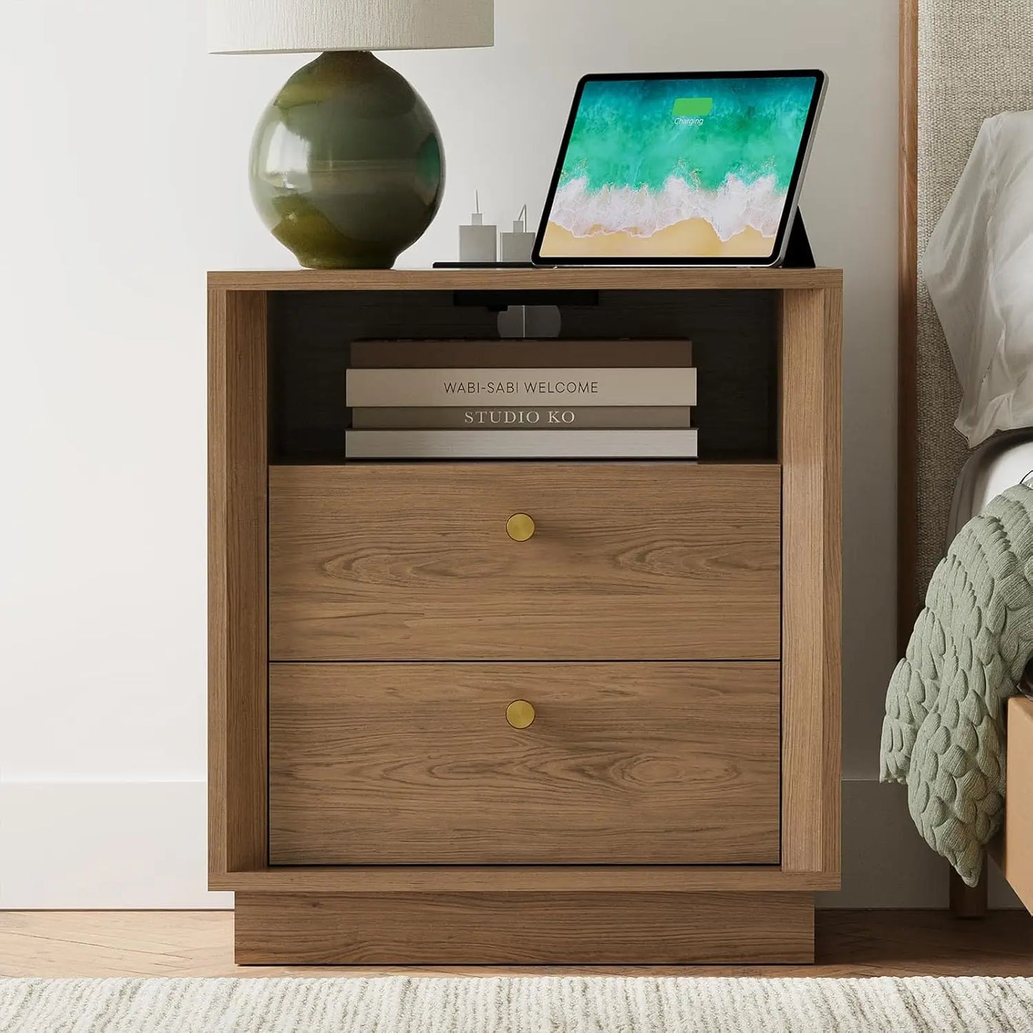 XIAOLANG Nightstand With Charging Station Modern Wood Grain End Table
