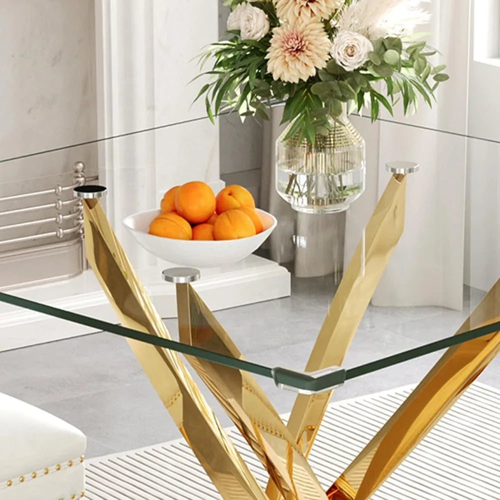 ANGDUO Modern Square Glass Dining Table Set With Velvet Chairs