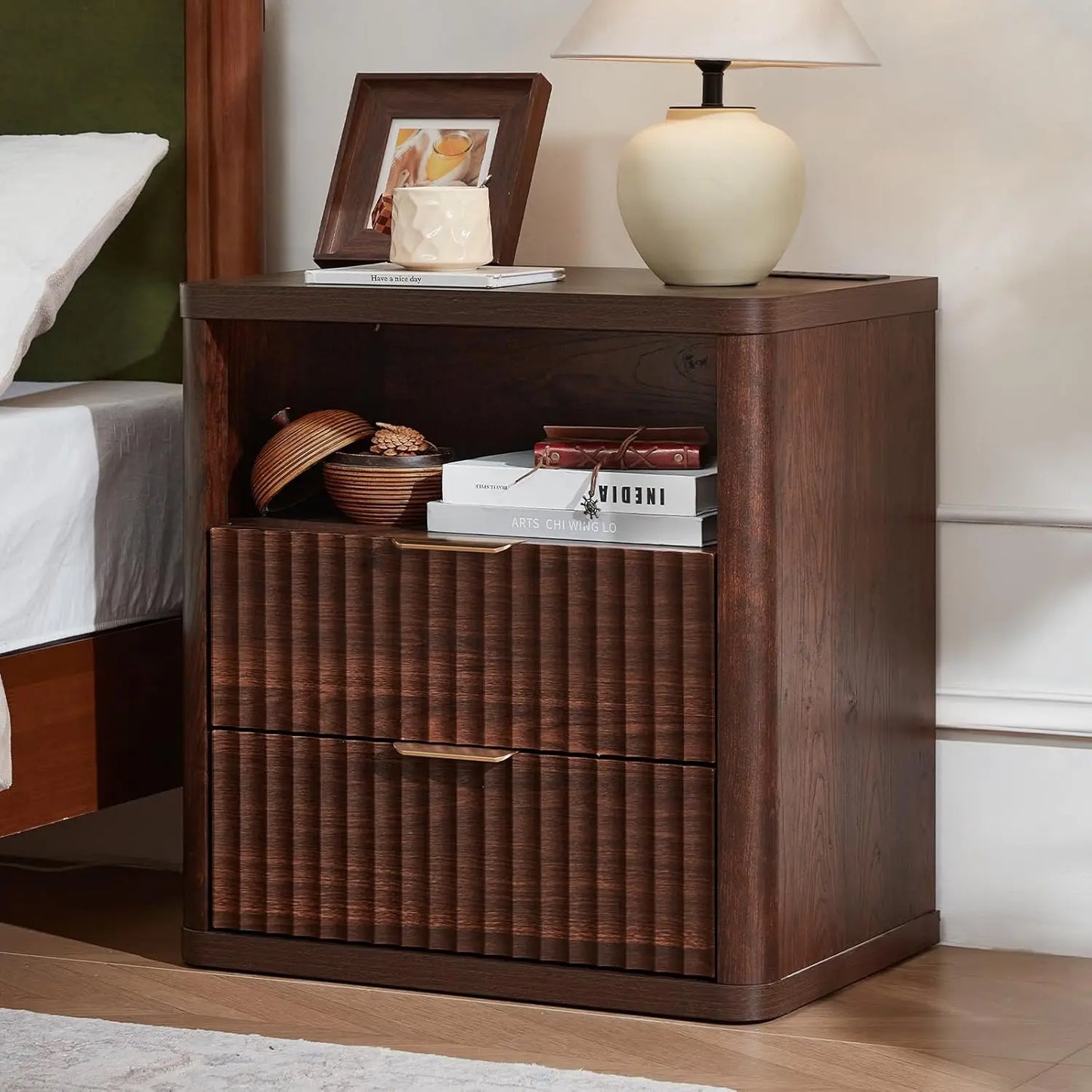 XIAOLANG Fluted Nightstand With Charging Station And Open Storage Cabinet