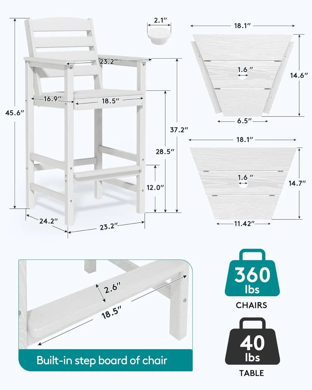 MKDK Tall Adirondack Chairs Set of 2 With Connecting Table