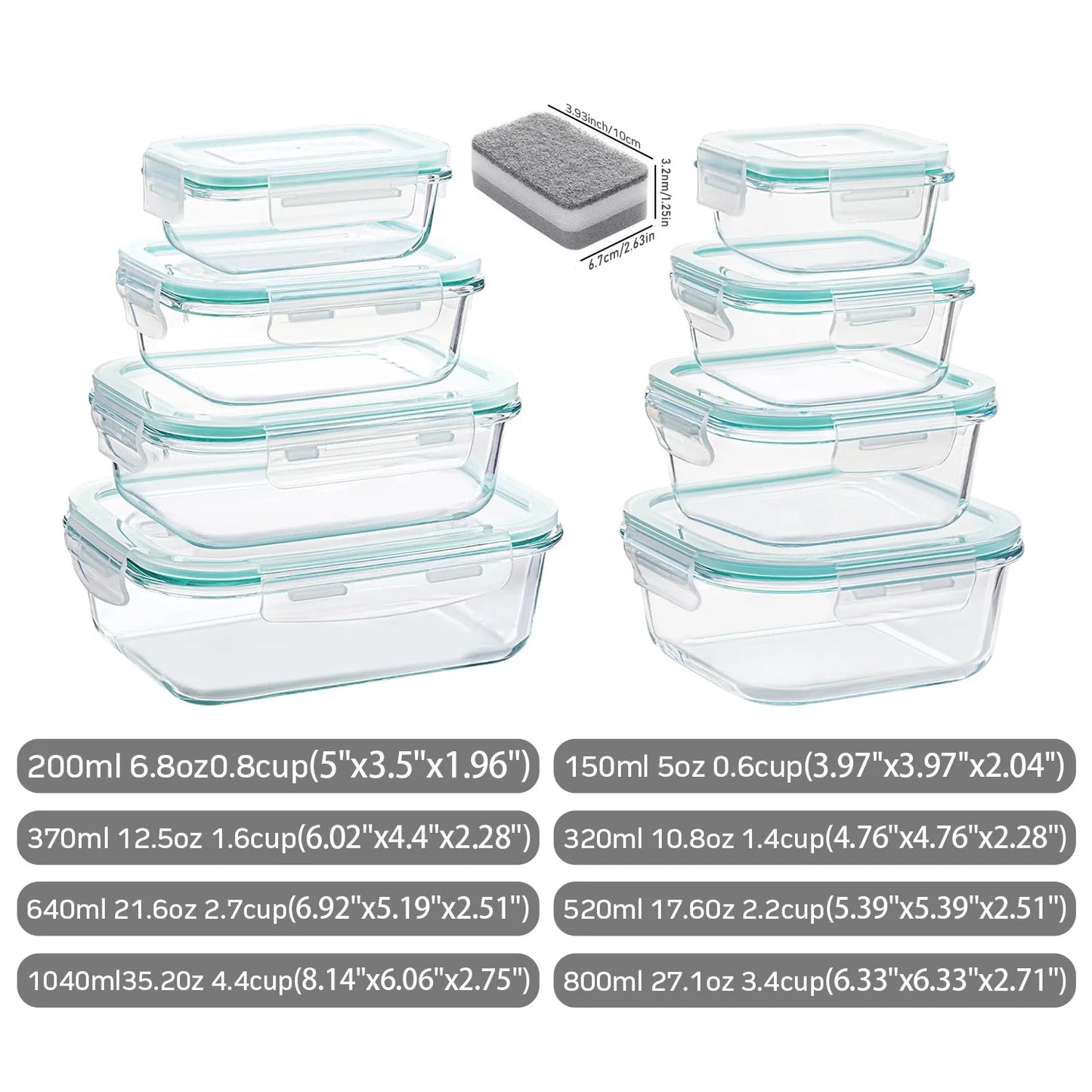 Eight Pack Airtight Borosilicate Glass Food Storage Containers