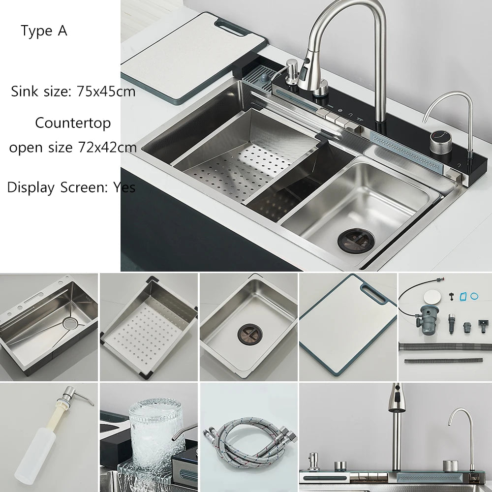 Smart Digital Display Kitchen Sink With Waterfall Purifier Soap Dispenser