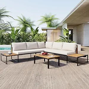 Ticify Modern L Shaped Acacia Wood Sofa Set Coffee Table