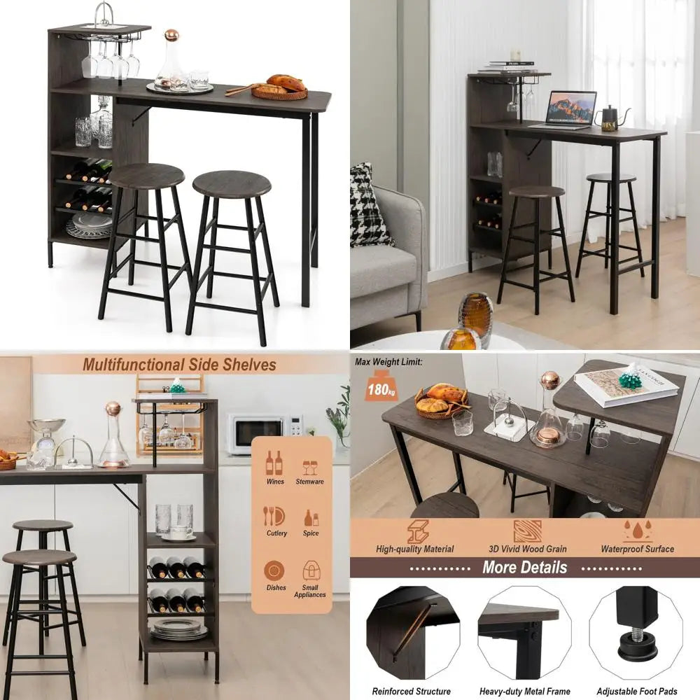 DAFIFY Industrial Pub Table and Stools Set WithExtraLongWineRacksAndGlassHolders