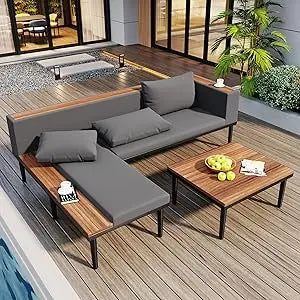 Ticify Modern L Shaped Acacia Wood Sofa Set Coffee Table