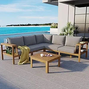 Ticify Modern L Shaped Acacia Wood Sofa Set Coffee Table