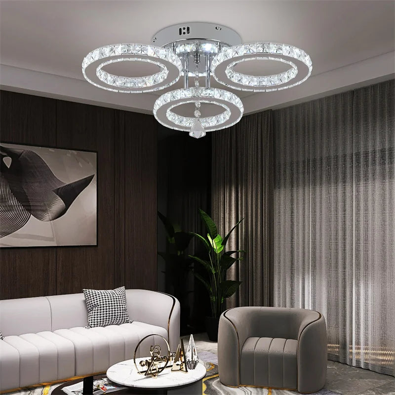 5 Rings Crystal Led Chandeliers Ceiling Mirror Stainless Steel Lustre Cristal For Kitchen Luminarias Parateto Fixtures Plafonier