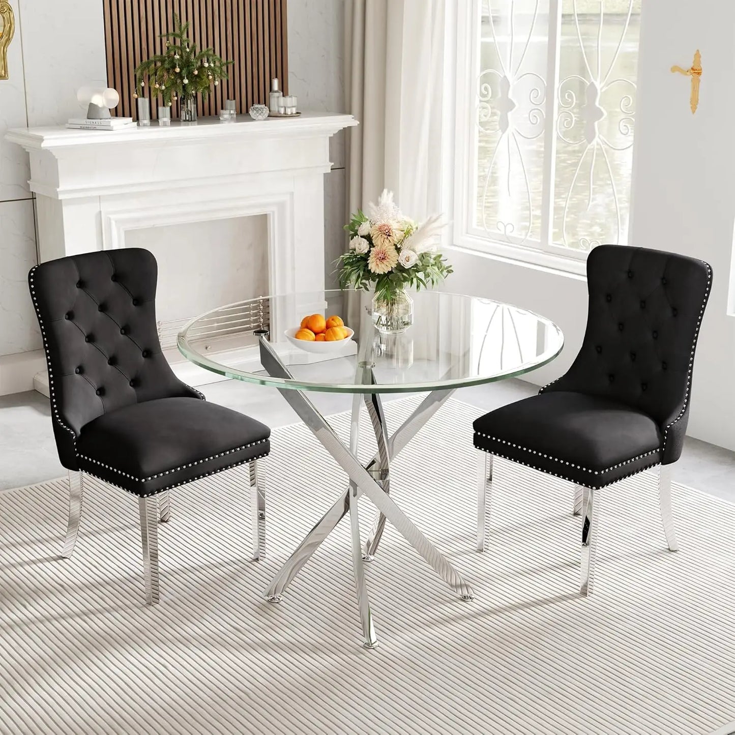 ANGDUO Modern Square Glass Dining Table Set With Velvet Chairs