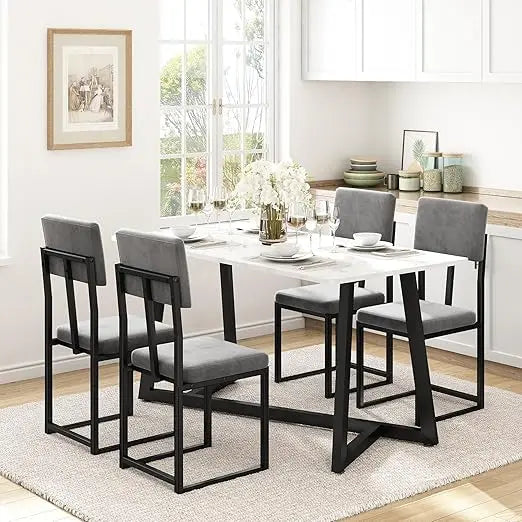 MKDK Faux Marble Dining Set For Four With Velvet Chairs
