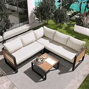 Ticify Modern L Shaped Acacia Wood Sofa Set Coffee Table