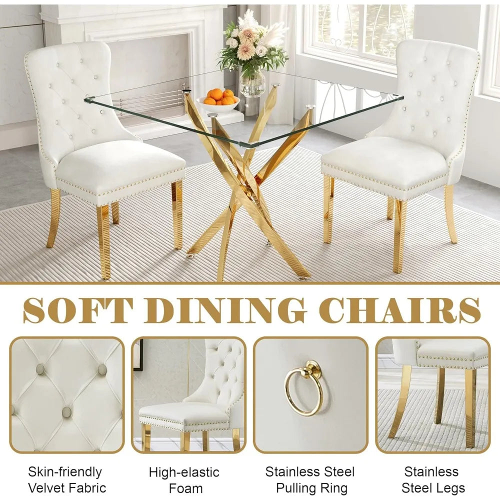 ANGDUO Modern Square Glass Dining Table Set With Velvet Chairs