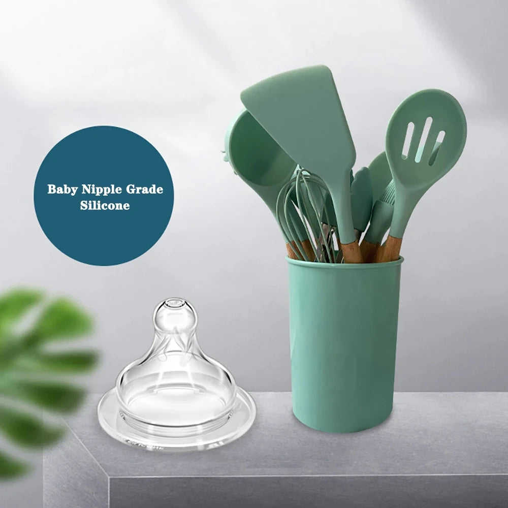 Feature Silicone Kitchen Utensil Set With Wooden Handles