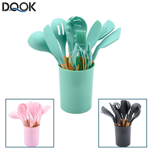 Feature Silicone Kitchen Utensil Set With Wooden Handles