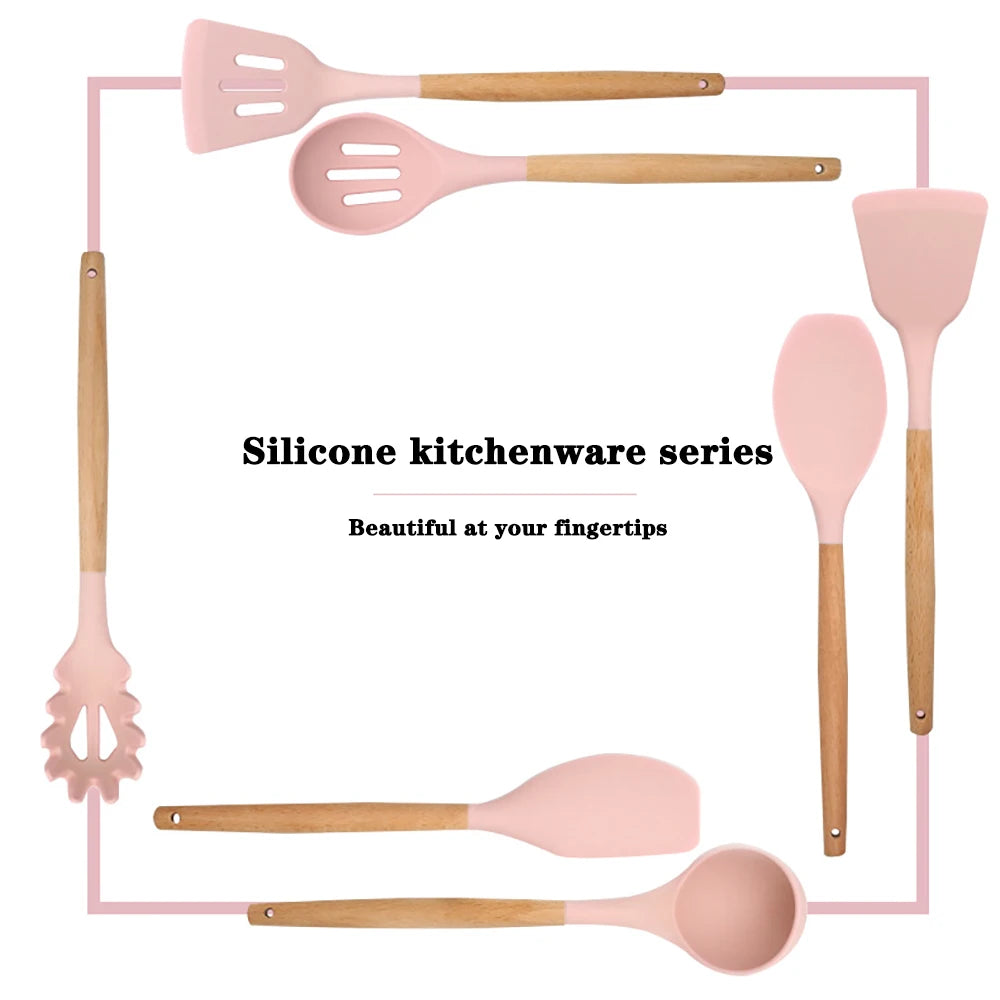 Feature Silicone Kitchen Utensil Set With Wooden Handles