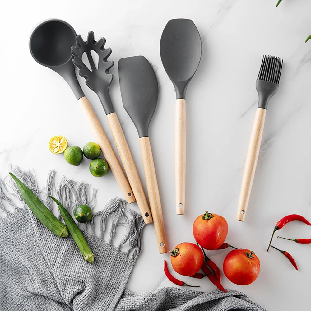 Feature Silicone Kitchen Utensil Set With Wooden Handles