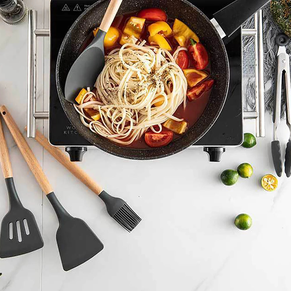 Feature Silicone Kitchen Utensil Set With Wooden Handles