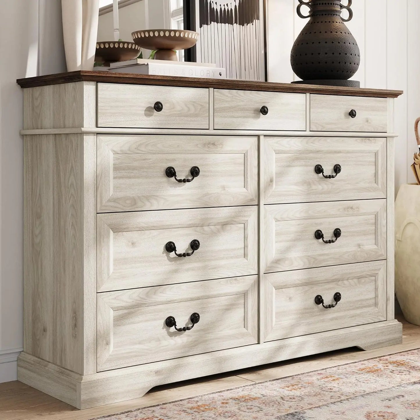Farmhouse 9 Drawer Wood Dresser For Bedroom Storage Organizer