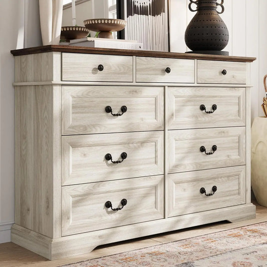 Farmhouse 9 Drawer Wood Dresser For Bedroom Storage Organizer