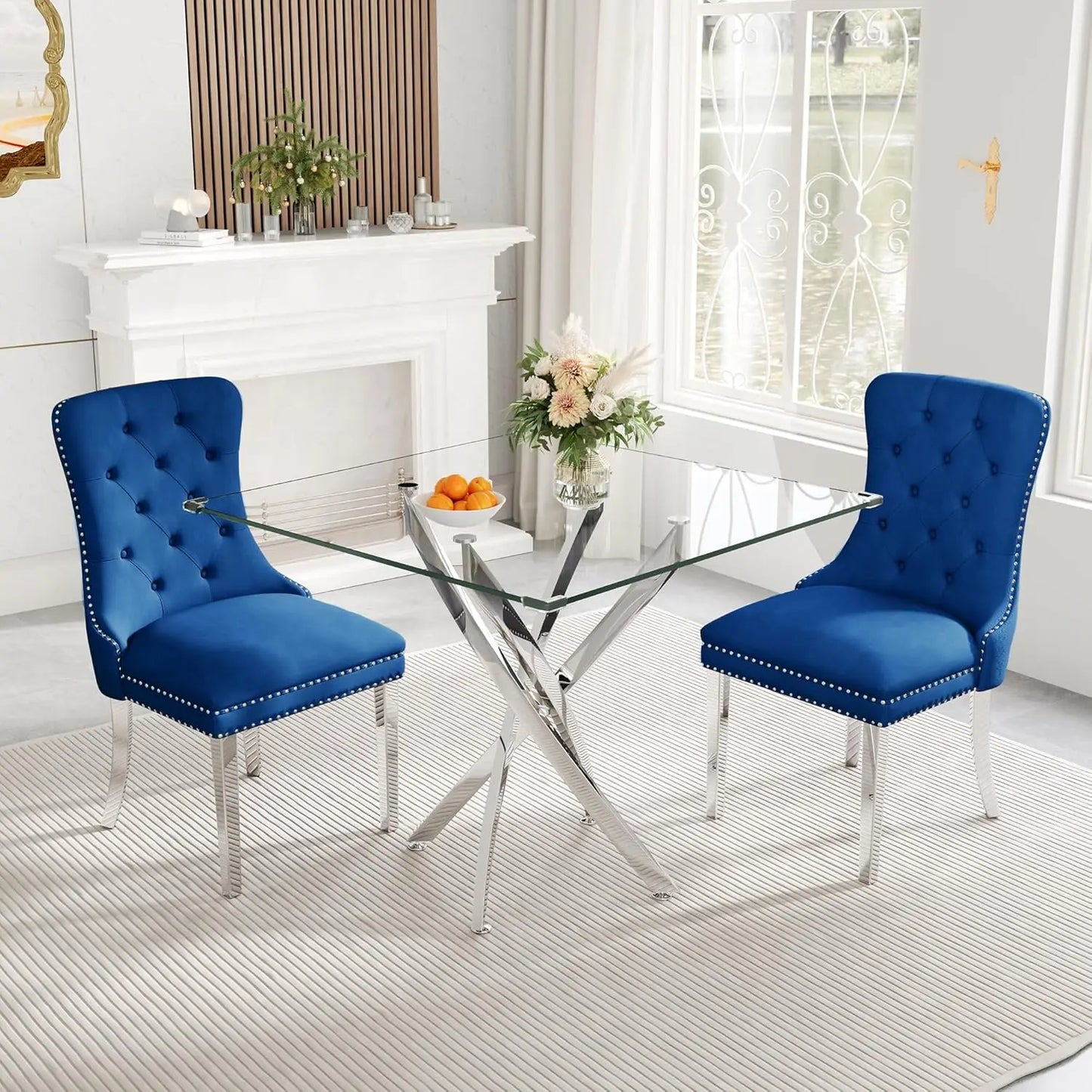 ANGDUO Modern Square Glass Dining Table Set With Velvet Chairs
