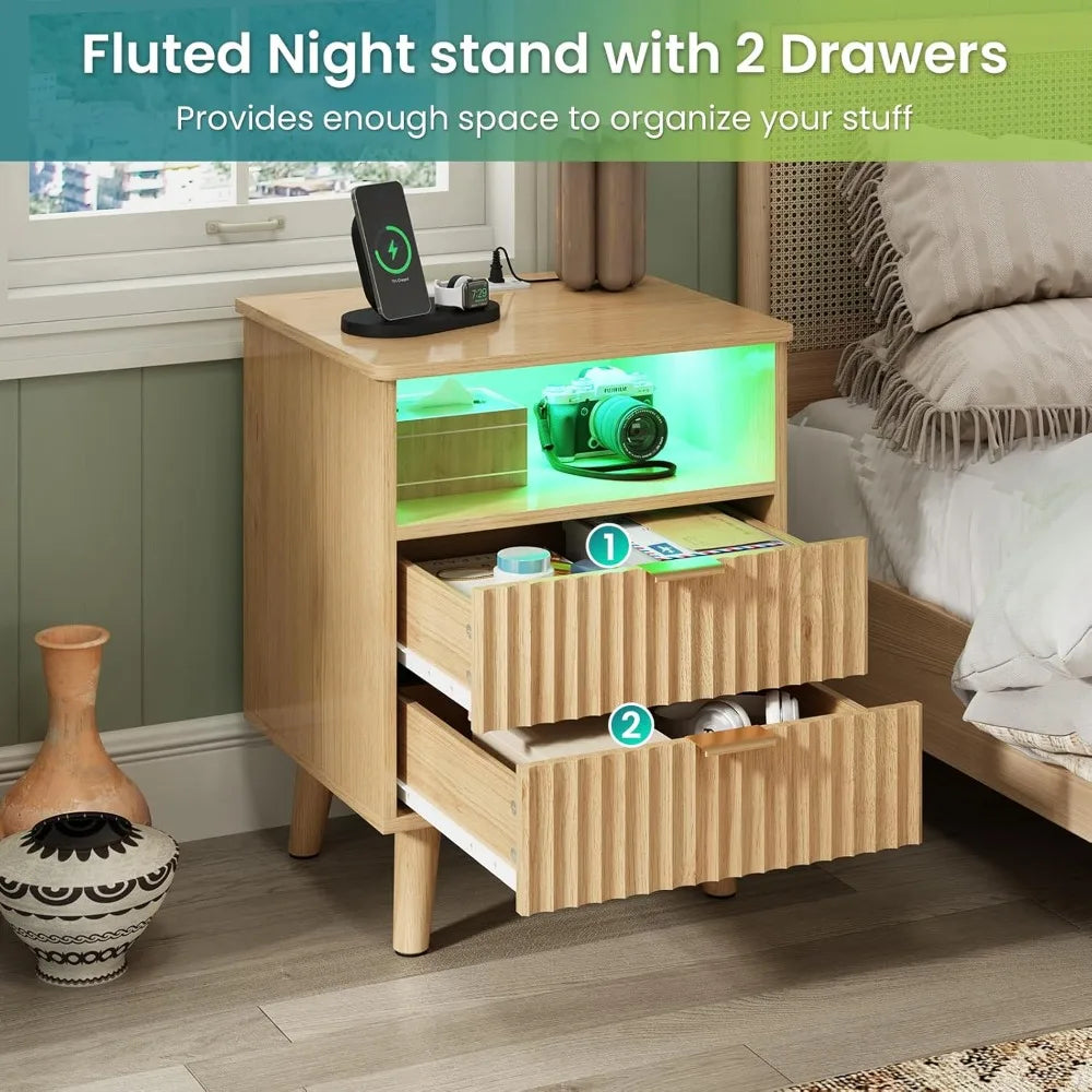 CHENGWEI Fluted Nightstand With Charging Station And Two Drawers