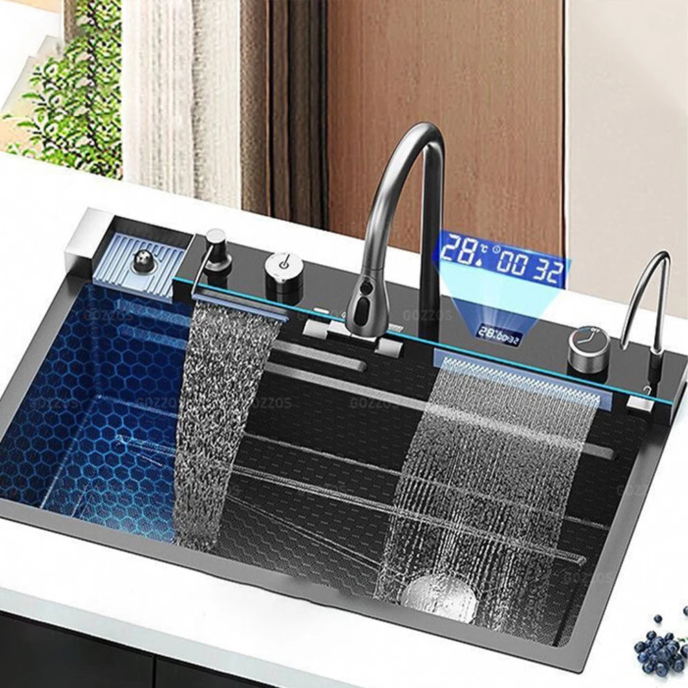 Waterfall Style 304 Stainless Steel Undermount Kitchen Sink Digital Display