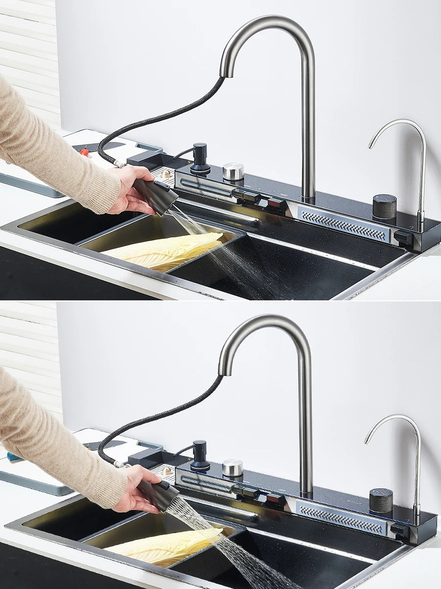 Quyanre 304 Stainless Steel Waterfall Kitchen Faucet With Soap Dispenser
