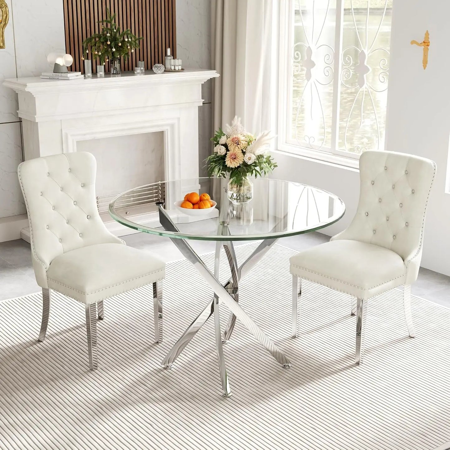 ANGDUO Modern Square Glass Dining Table Set With Velvet Chairs