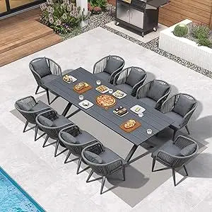 DAFIFY 11 Piece Patio Dining Set Teak Finish Aluminum Frame