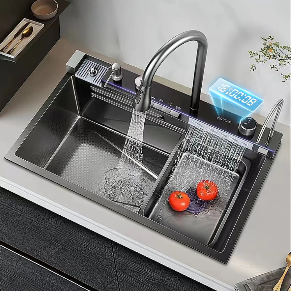 Quyanre 304 Stainless Steel Waterfall Kitchen Faucet With Soap Dispenser