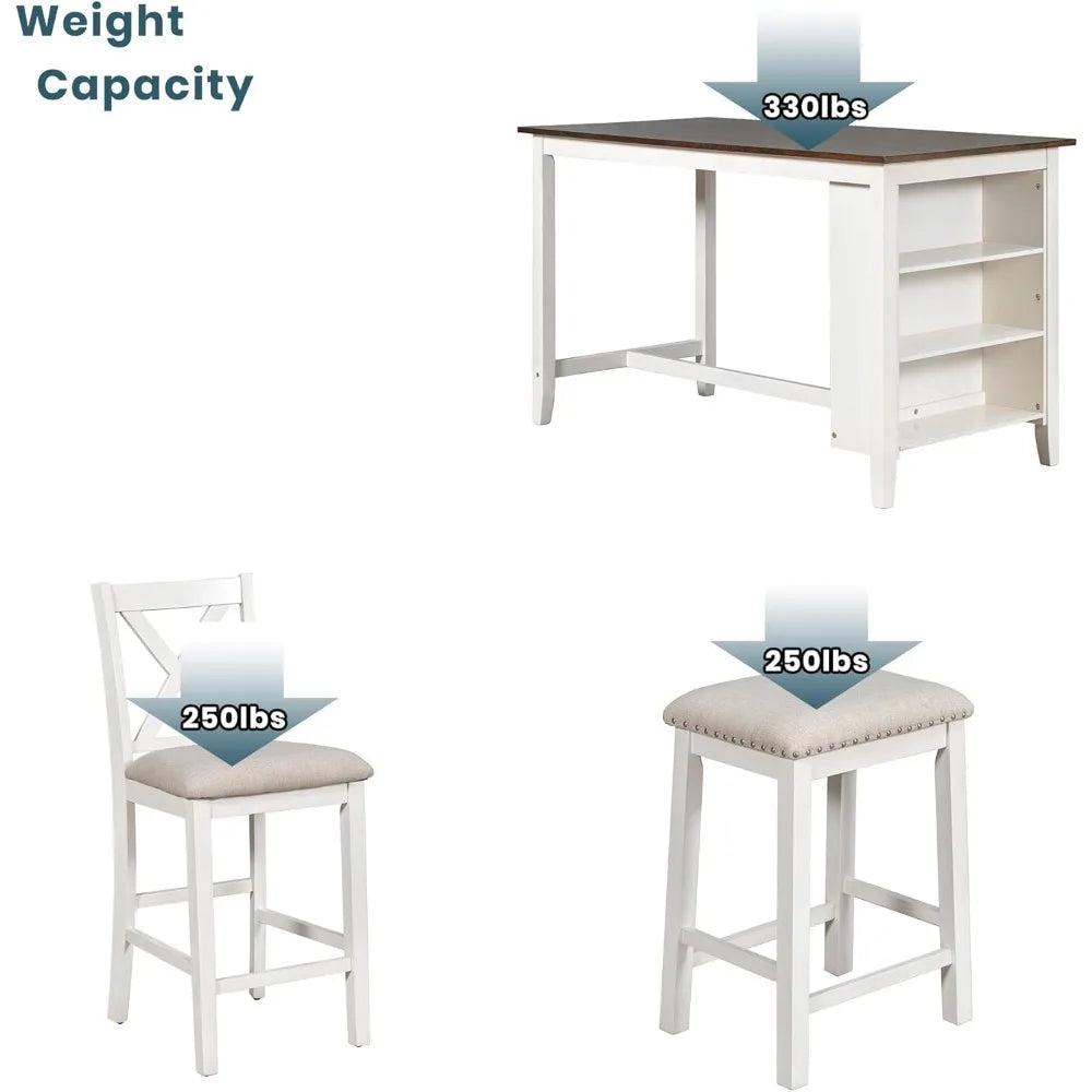 MKDK Farmhouse Counter Height Dining Set With Storage Shelves