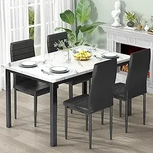 MKDK Five Piece Dining Table Set Faux Marble Upholstered Chairs