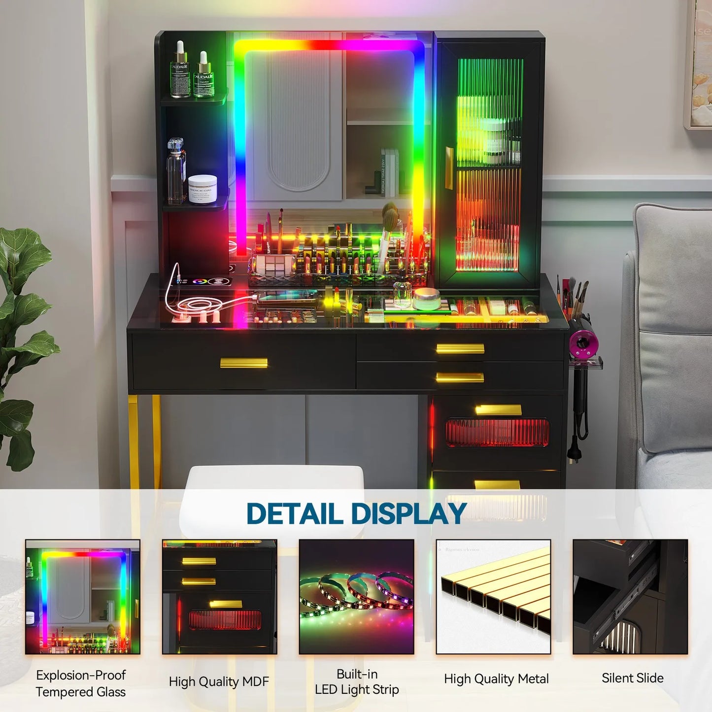 Vanity Desk With Mirror And LED Lights Charging Station