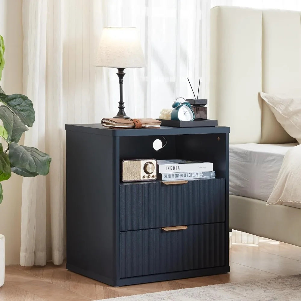 XIAOLANG Fluted Nightstand With Charging Station And Open Storage Cabinet