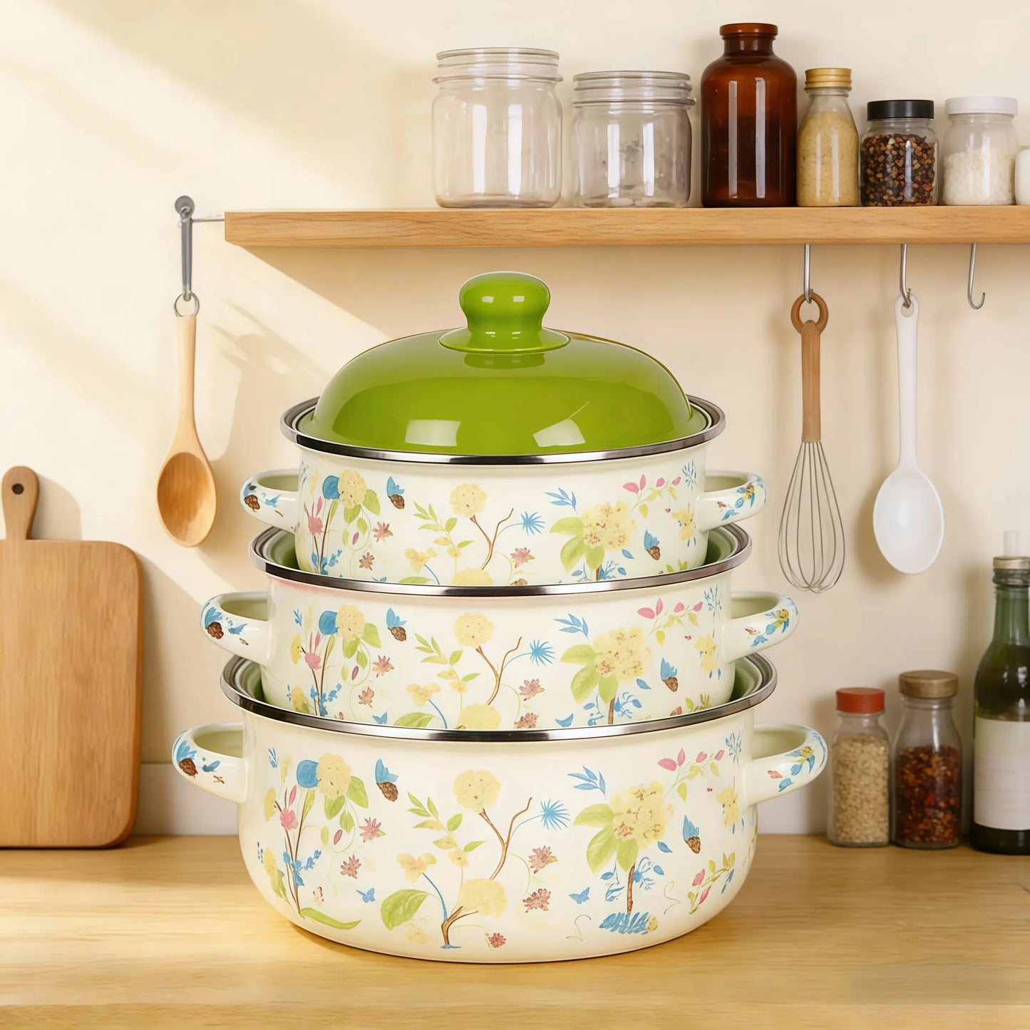 Vintage Enamel Stock Pot Set With Lids For Induction And Gas Stove