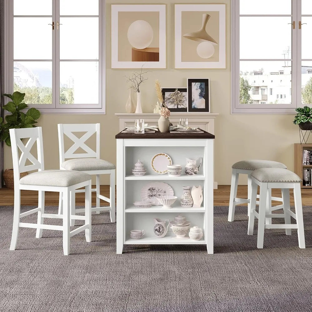 MKDK Farmhouse Counter Height Dining Set With Storage Shelves