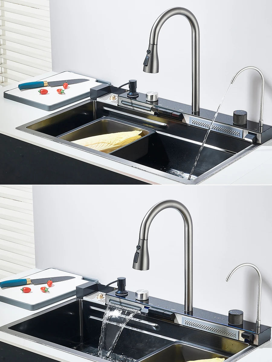 Quyanre 304 Stainless Steel Waterfall Kitchen Faucet Set With Digital Display
