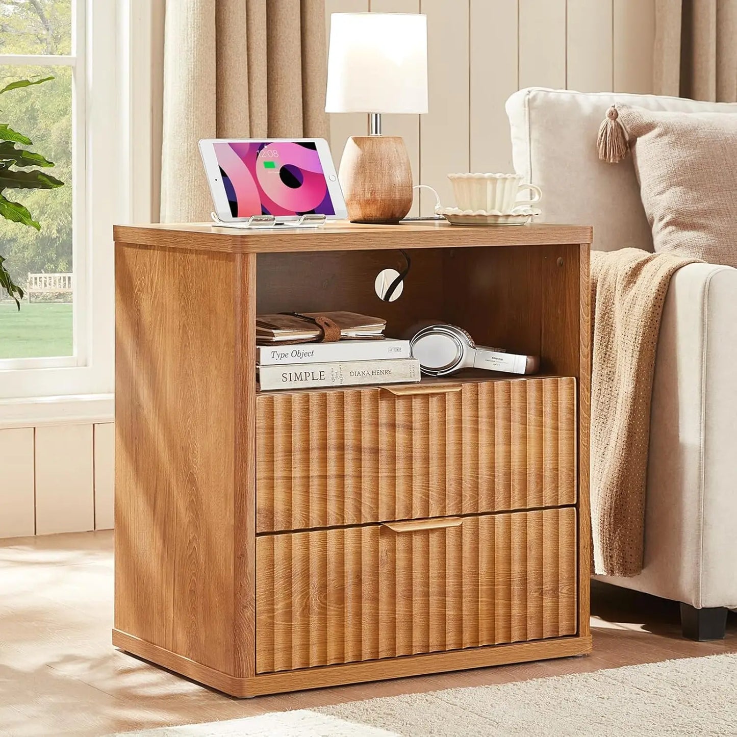 XIAOLANG Fluted Nightstand With Charging Station And Open Storage Cabinet