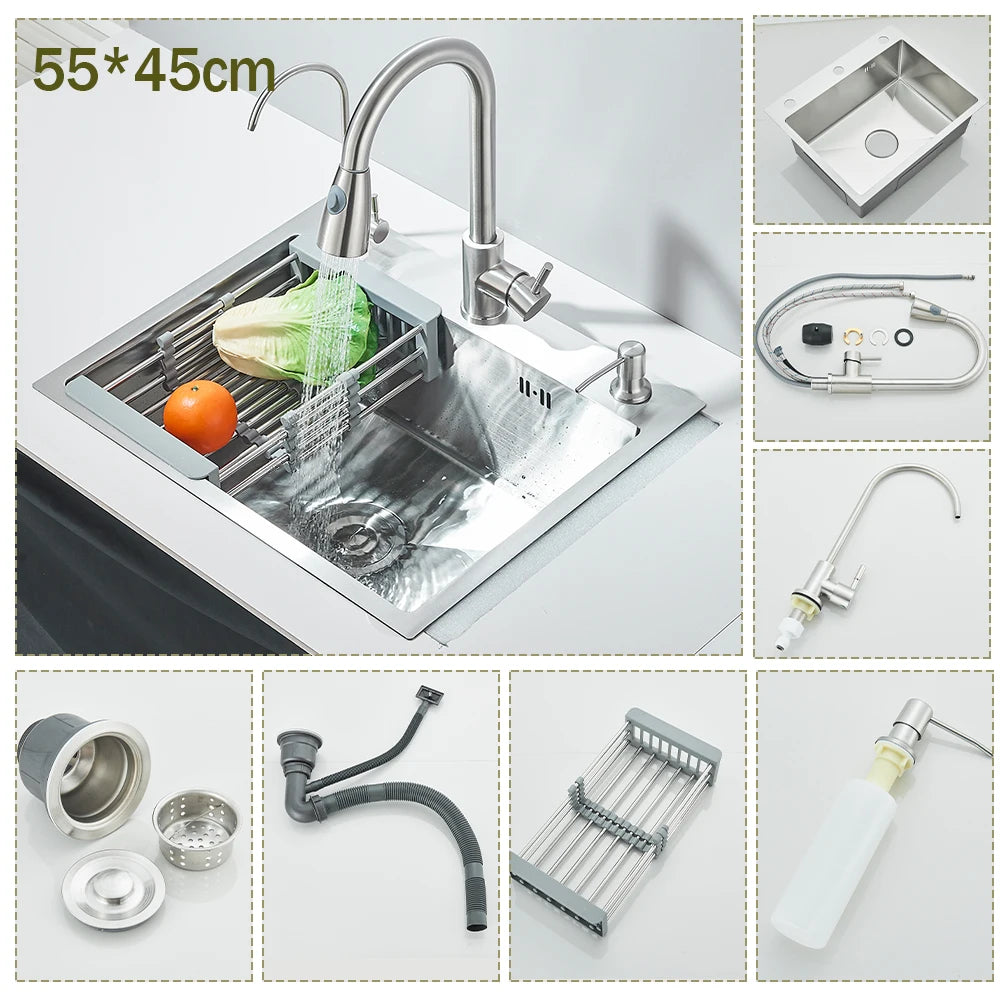 Stainless Steel Kitchen Sink With Integrated Faucet And Soap Dispenser